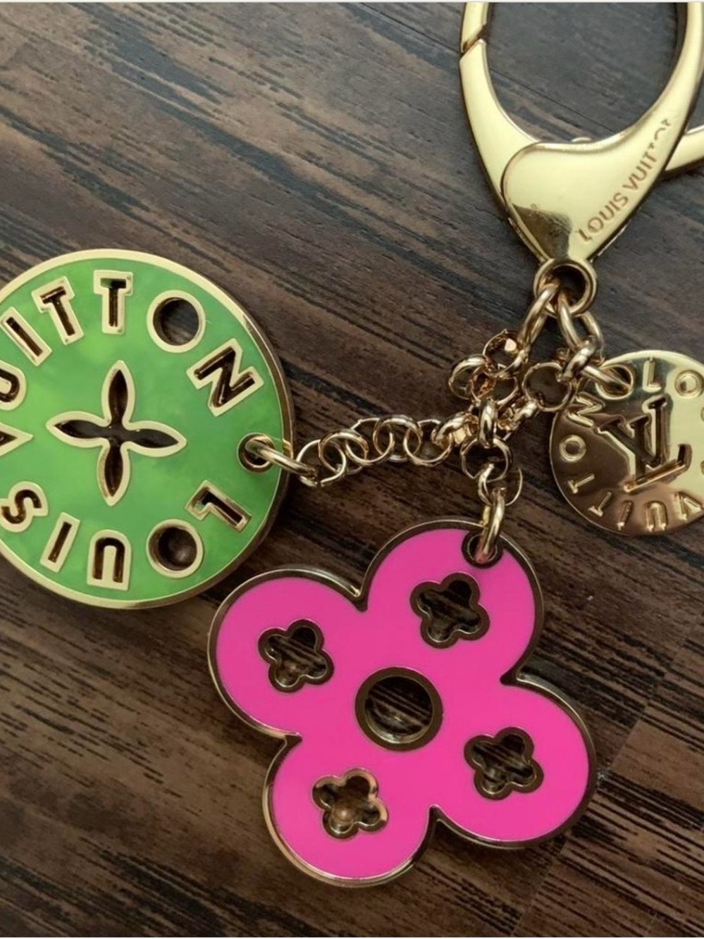 Louis Vuitton Pink & Green Floral Logo Charm Key Holder